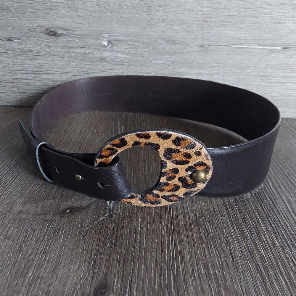 Chico's Leopard Print Adjustable Brown Leather Belt Waist Belt Small